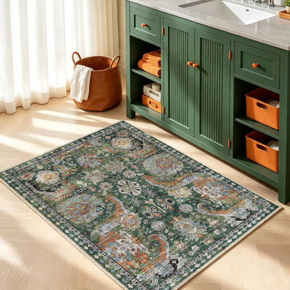 RUGSURE Washable Area Rugs - Perfect for Living Room, Bedroom, Kids Room, Nursery - Stain & Water Resistant Non-Slip, Pet & Child Friendly, Vintage Tribal Area Rugs (Green, 5' x 7')