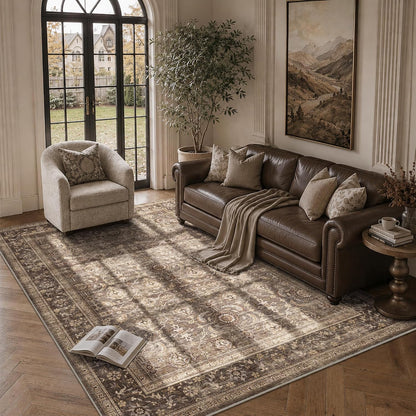 JOOJA 6x9 Brown Vintage Boho Washable Area Rug, Soft Low Pile Floor Carpet