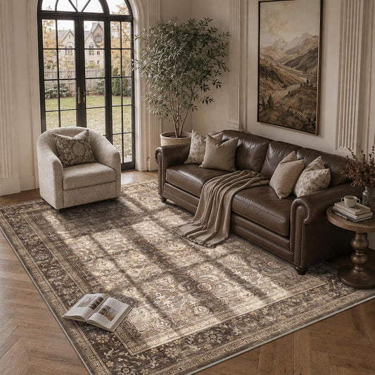 JOOJA 6x9 Brown Vintage Boho Washable Area Rug, Soft Low Pile Floor Carpet