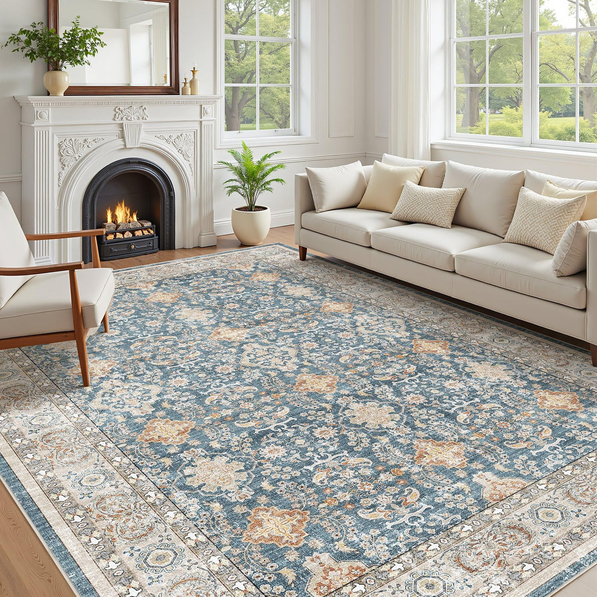cotiled 5x7 Area Rug for Living Room, Washable, Traditional, Beige