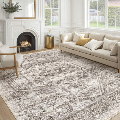 cotiled 5x7 Area Rug for Living Room, Washable, Traditional, Beige