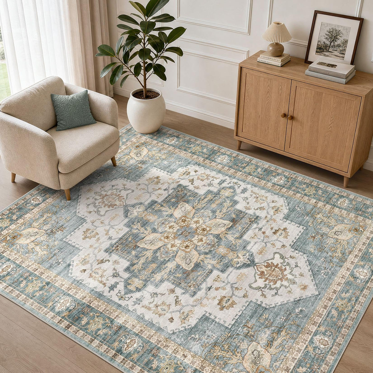 Tortania Area Rug 5x7 Living Room Rug Washable Soft Cream/Blue