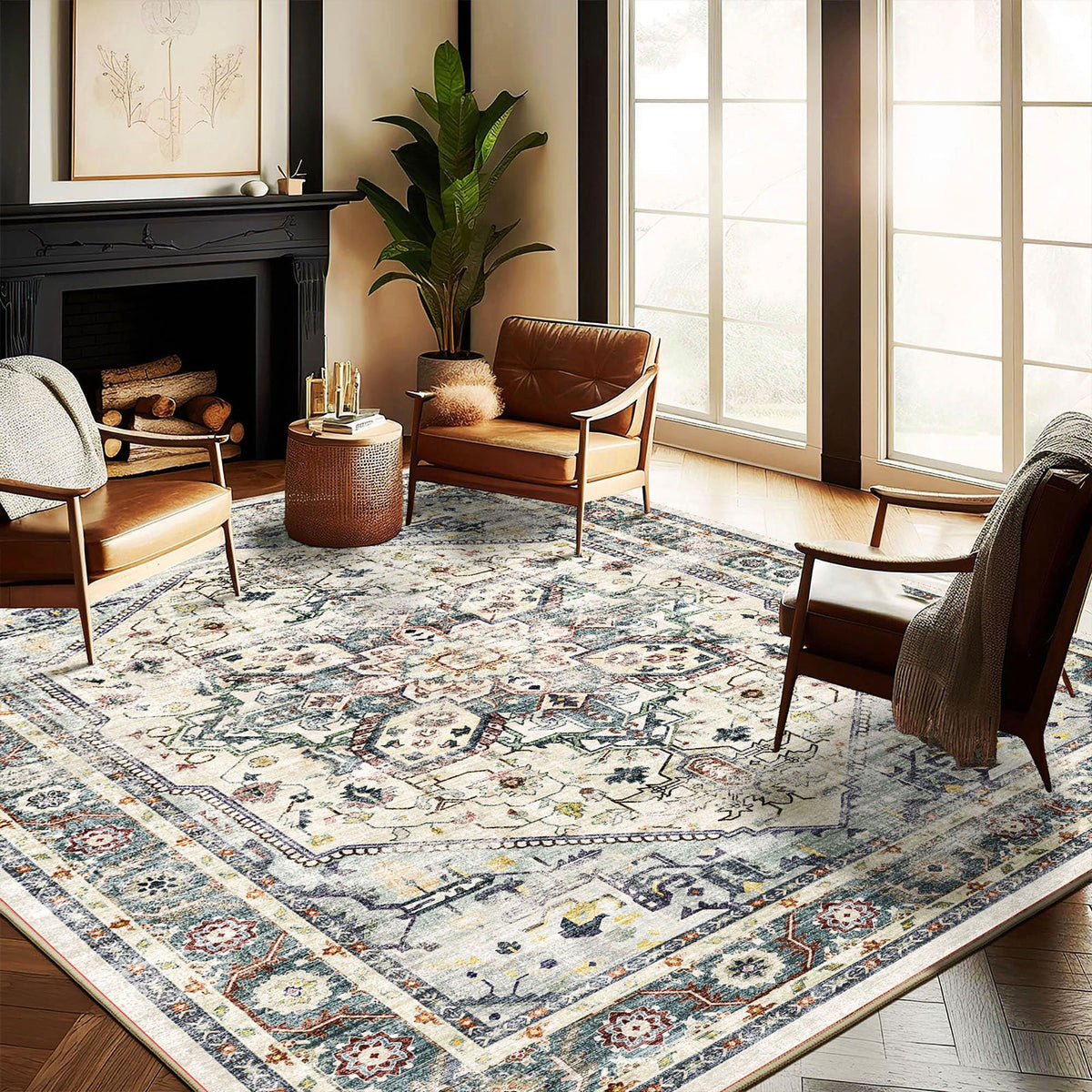 CHAMPLANT 6'x9' Washable Vintage Area Rug Boho Chic Medallion Distressed Design Non-Shedding Easy Care Ideal for High Traffic Areas in Living Room Bedroom Kitchen Office Large Carpet