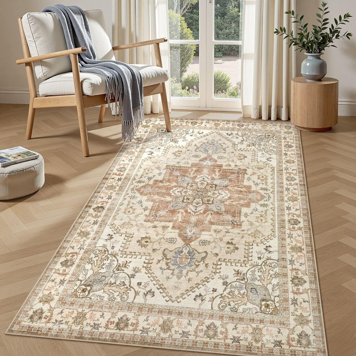 Tortania Area Rug 5x7 Living Room Rug Washable Soft Cream/Blue