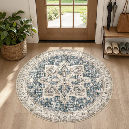 Tortania Area Rug 5x7 Living Room Rug Washable Soft Cream/Blue