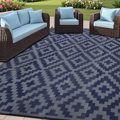 SAND MINE Waterproof Outdoor Rug 5x8 ft, Plastic Reversible Rug, Modern Area Rug, Large Floor Mat for Outdoors, RV, Patio, Backyard, Deck, Picnic, Beach, Camping, Black & Beige