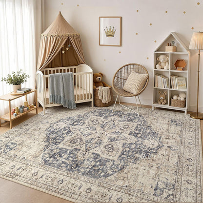 Tortania Area Rug 5x7 Living Room Rug Washable Soft Cream/Blue