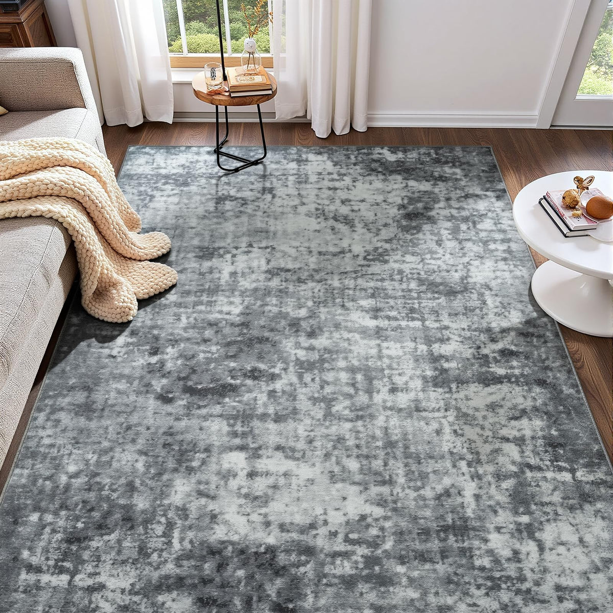 Modern Abstract 3x5 Rug, Non Slip Entryway Rug, Soft Machine Washable Rugs for Indoor Entry, Low Pile Stain Resistant Distressed Rug for Living Room, Bedroom, Dark Grey Blue