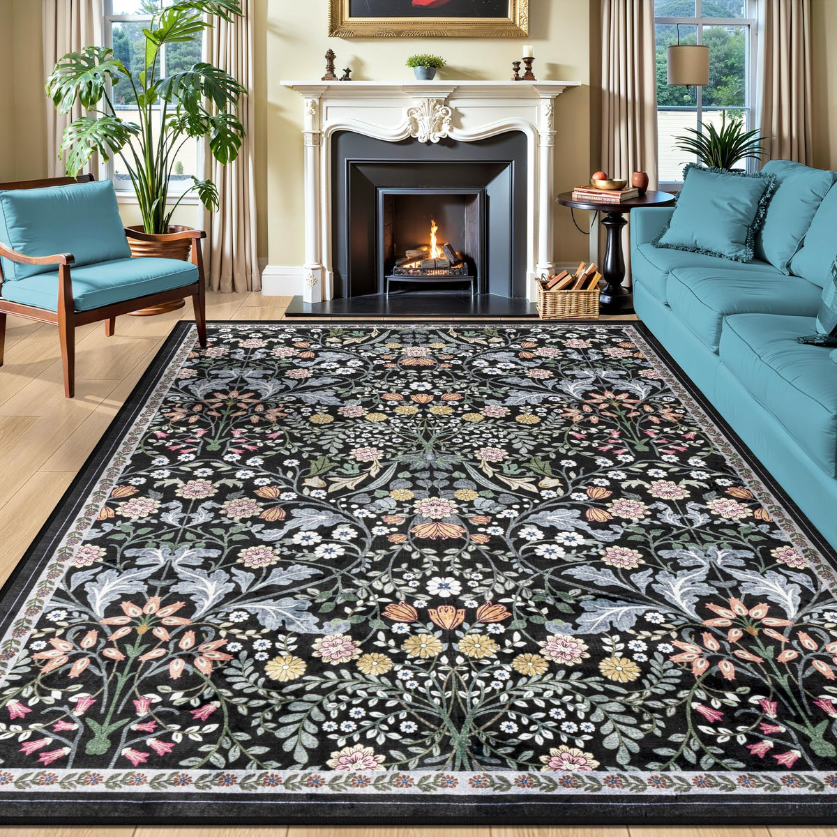 PLHXFR Area Rug Living Room: 5x7 Floral Washable Boho Carpet Dark Green