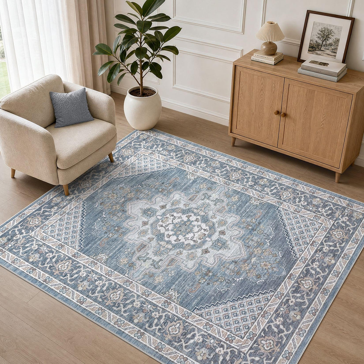 Tortania Area Rug 5x7 Living Room Rug Washable Soft Cream/Blue