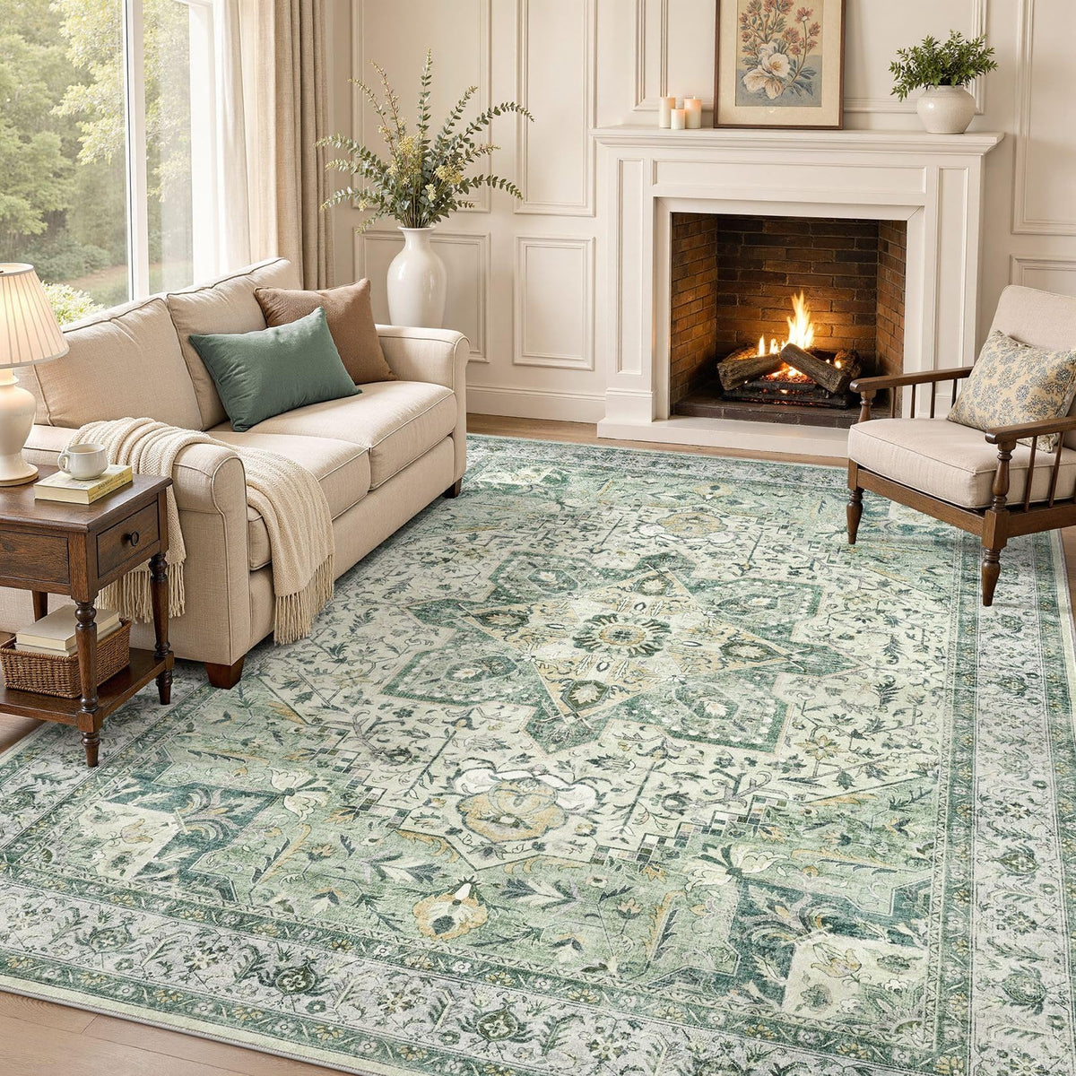 Tortania Area Rug 5x7 Living Room Rug Washable Soft Cream/Blue