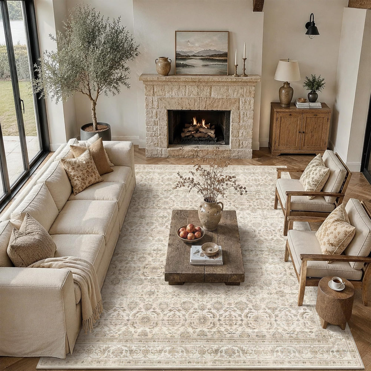 JOOJA 6x9 Brown Vintage Boho Washable Area Rug, Soft Low Pile Floor Carpet