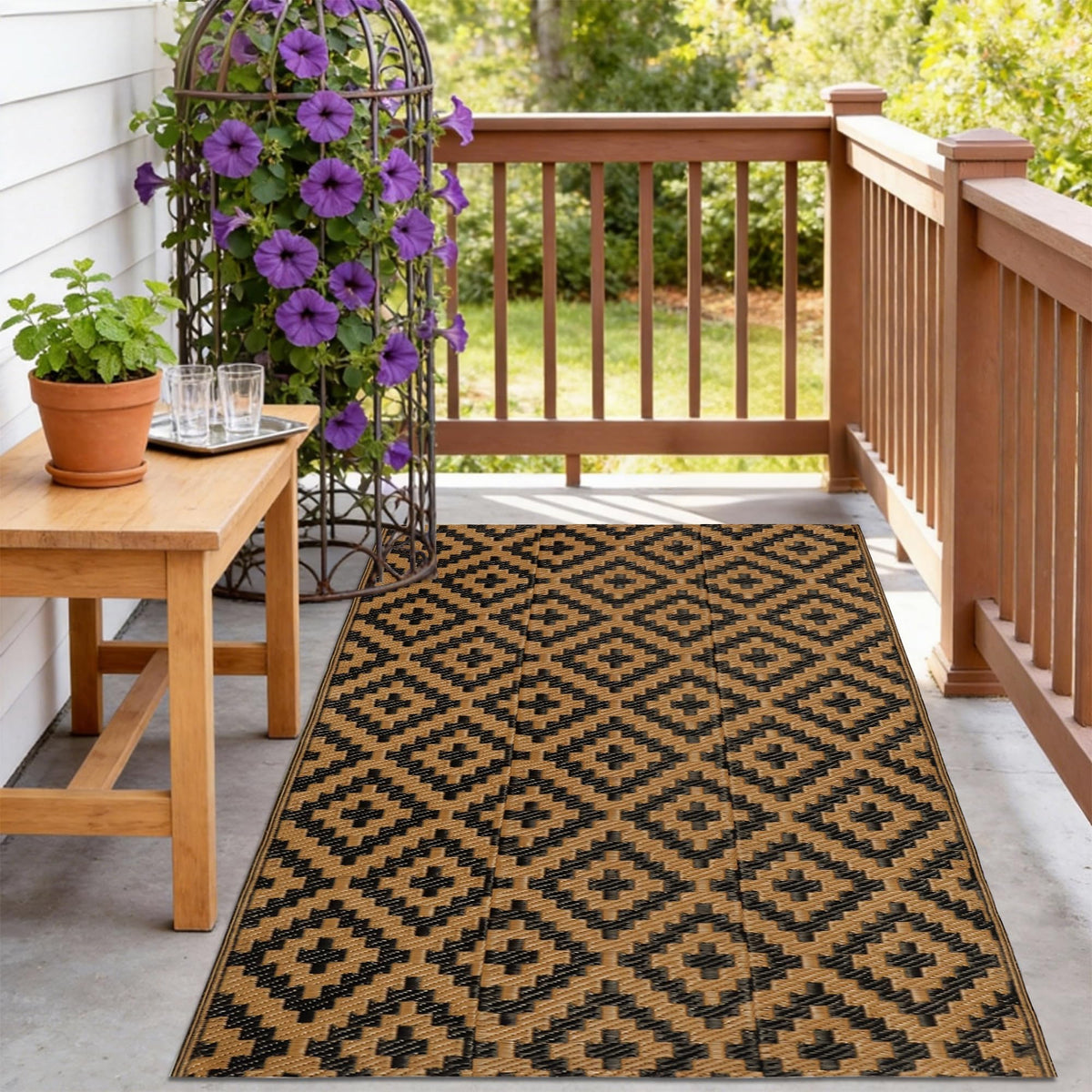 SAND MINE Waterproof Outdoor Rug 5x8 ft, Plastic Reversible Rug, Modern Area Rug, Large Floor Mat for Outdoors, RV, Patio, Backyard, Deck, Picnic, Beach, Camping, Black & Beige