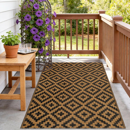 SAND MINE Waterproof Outdoor Rug 5x8 ft, Plastic Reversible Rug, Modern Area Rug, Large Floor Mat for Outdoors, RV, Patio, Backyard, Deck, Picnic, Beach, Camping, Black & Beige