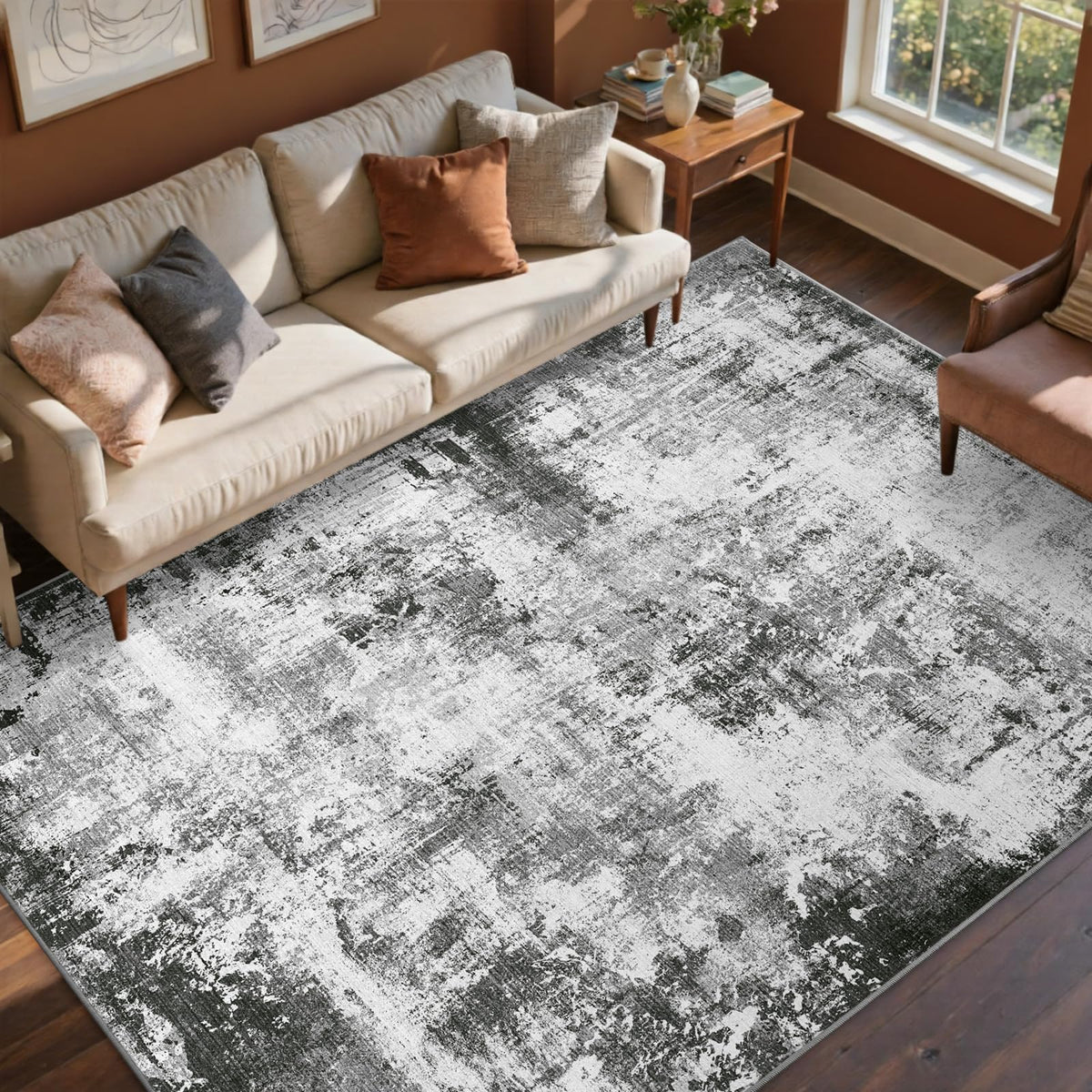 6x9 Ft Abstract Washable Area Rugs for Living Room Blue