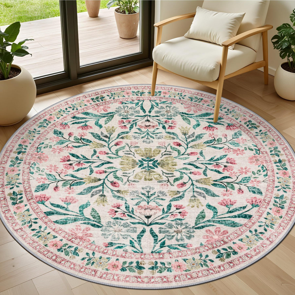PLHXFR Area Rug Living Room: 5x7 Floral Washable Boho Carpet Dark Green