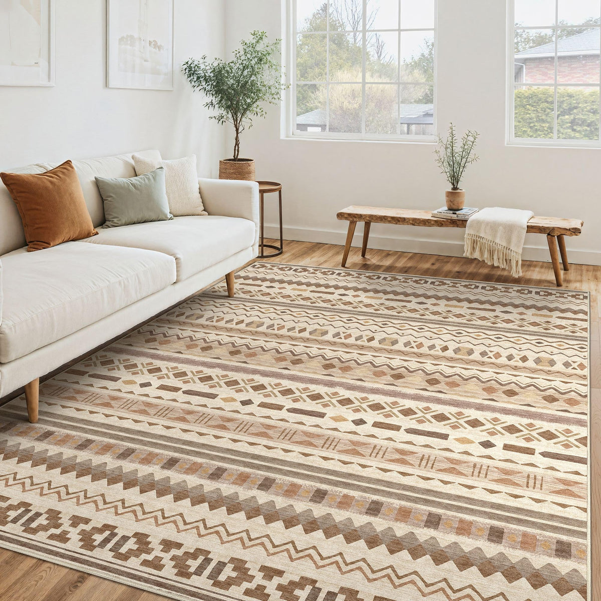 Tortania Area Rug Living Room Rugs - 5x7 Washable Large Soft Neutral Boho Moroccan Bohemian Farmhouse Rug Indoor Floor Carpet for Bedroom Under Dining Table Home Office Decor - Cream Brown