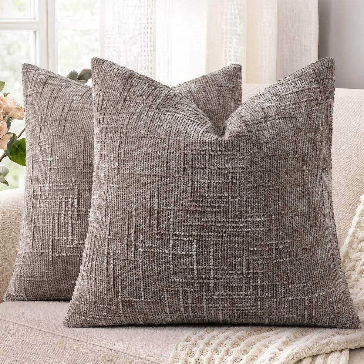 decorUhome Textured Chenille Throw Pillow Covers 18x18 Set of 2 Cream White