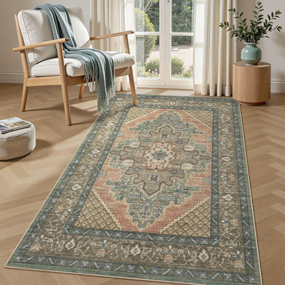 Tortania Area Rug 5x7 Living Room Rug Washable Soft Cream/Blue