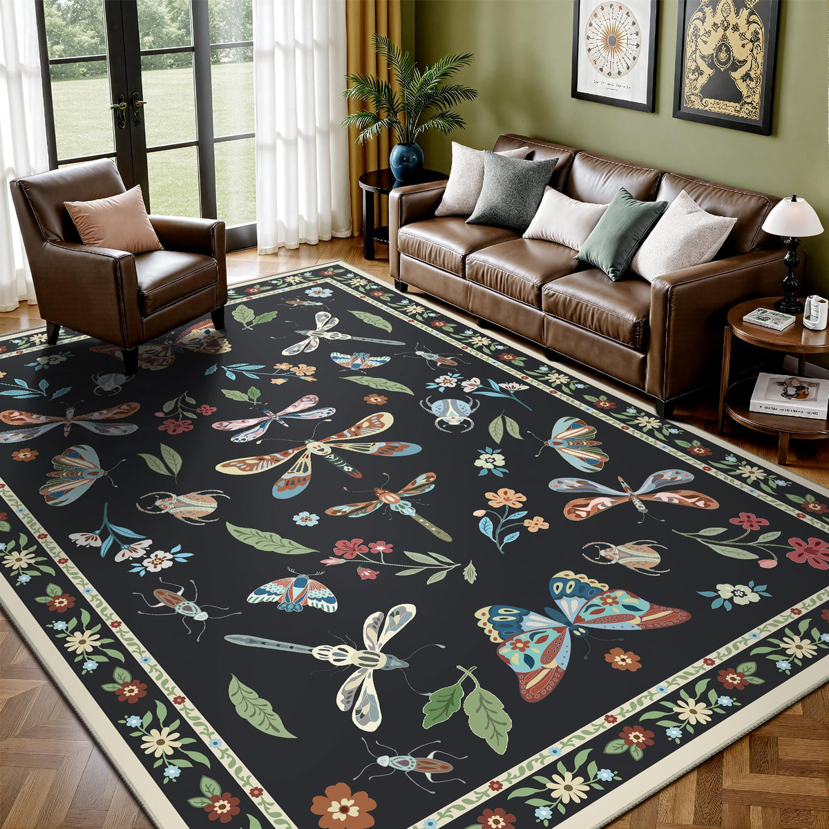 8x10 Area Rugs, Machine Washable Low Pile Floral Rugs for Living Room, Bedroom, Large Boho Area Rug with Non-Slip Backing for Dining Room(Beige Floral)