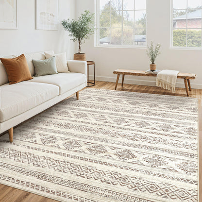 Tortania Area Rug Living Room Rugs - 5x7 Washable Large Soft Neutral Boho Moroccan Bohemian Farmhouse Rug Indoor Floor Carpet for Bedroom Under Dining Table Home Office Decor - Cream Brown