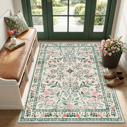 PLHXFR Area Rug Living Room: 5x7 Floral Washable Boho Carpet Dark Green