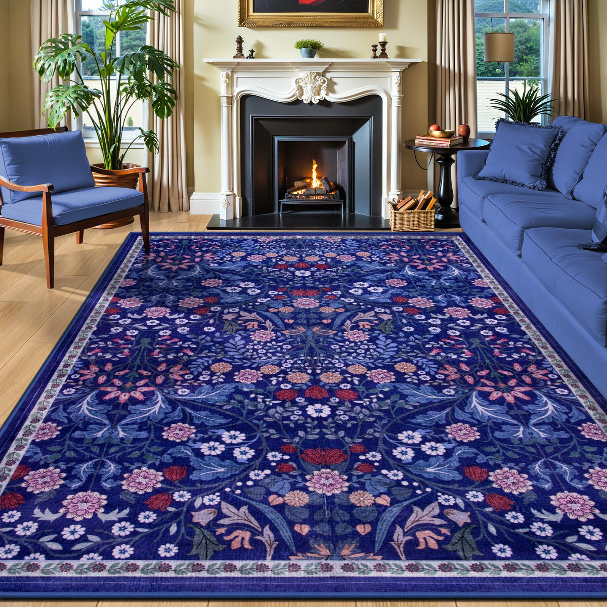 PLHXFR Area Rug Living Room: 5x7 Floral Washable Boho Carpet Dark Green