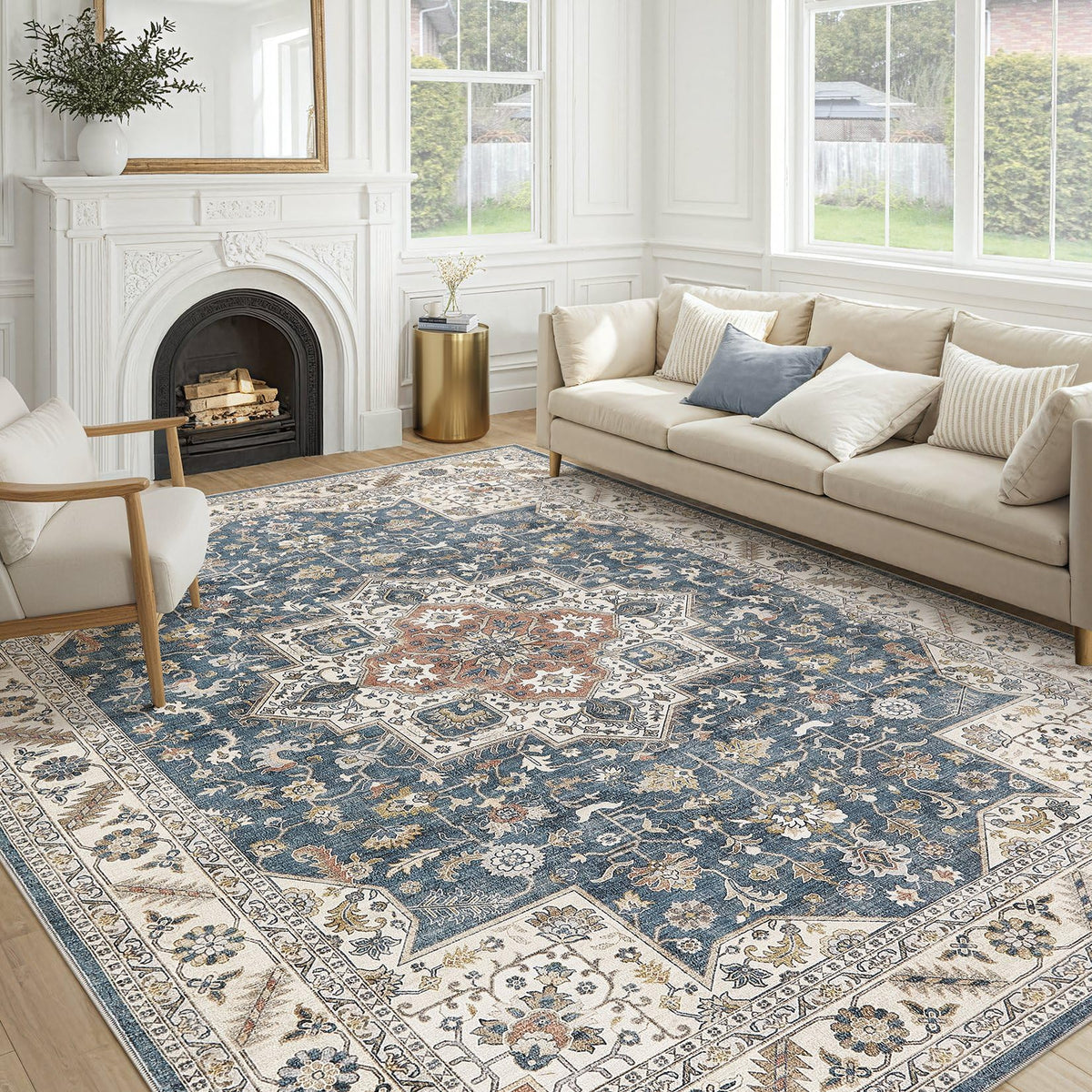 cotiled 5x7 Area Rug for Living Room, Washable, Traditional, Beige