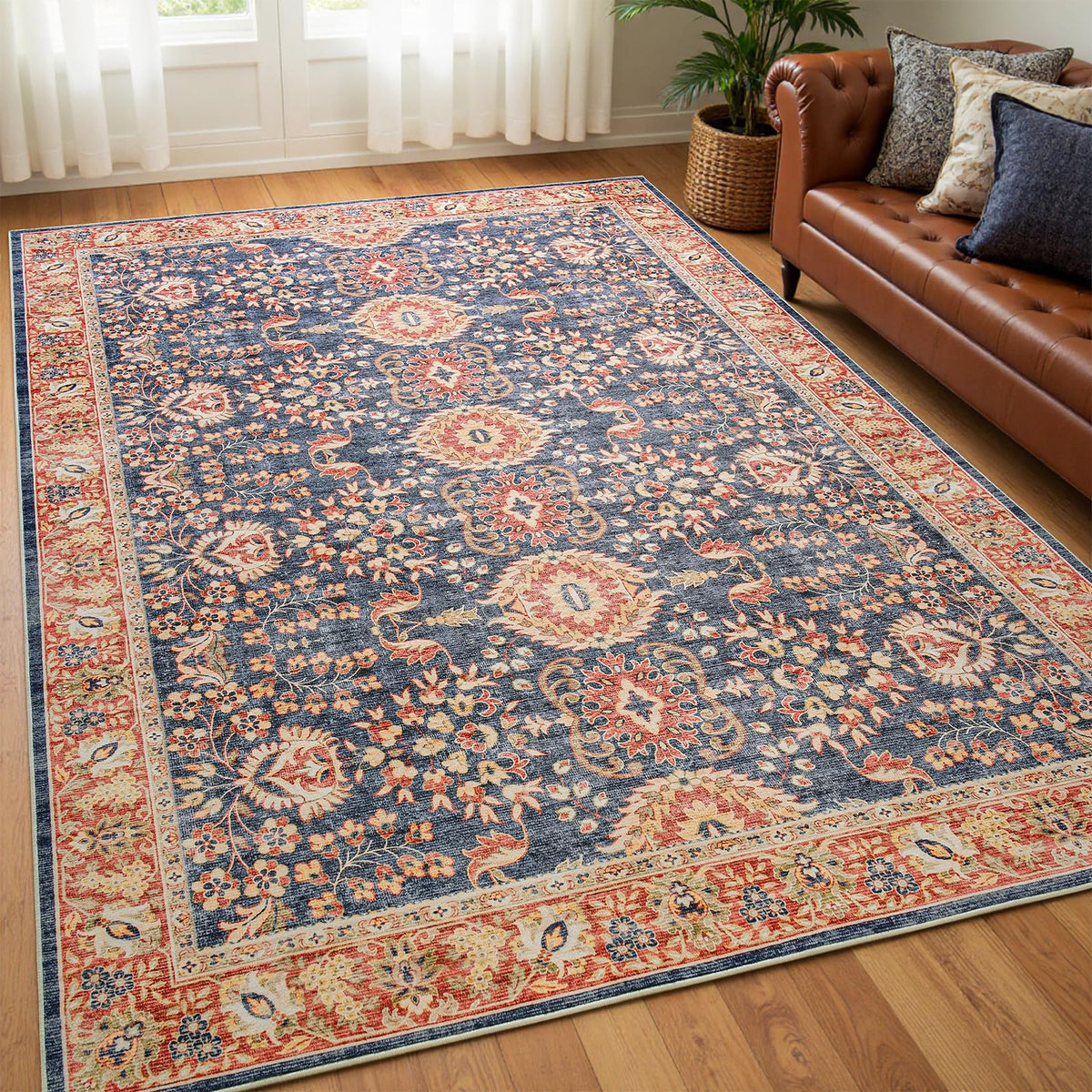 Goideal Washable Rug 4x6, Beige Area Rugs Non Slip, Indoor Low Pile Carpet with Rubber Backing for Living Room Kitchen Bathroom Entryway Office Bedroom