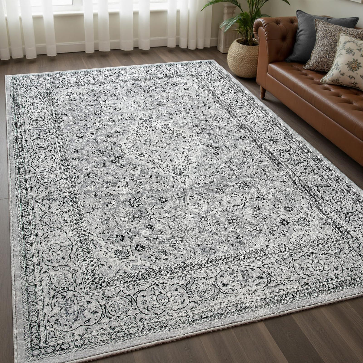 Goideal Washable Rug 4x6, Beige Area Rugs Non Slip, Indoor Low Pile Carpet with Rubber Backing for Living Room Kitchen Bathroom Entryway Office Bedroom
