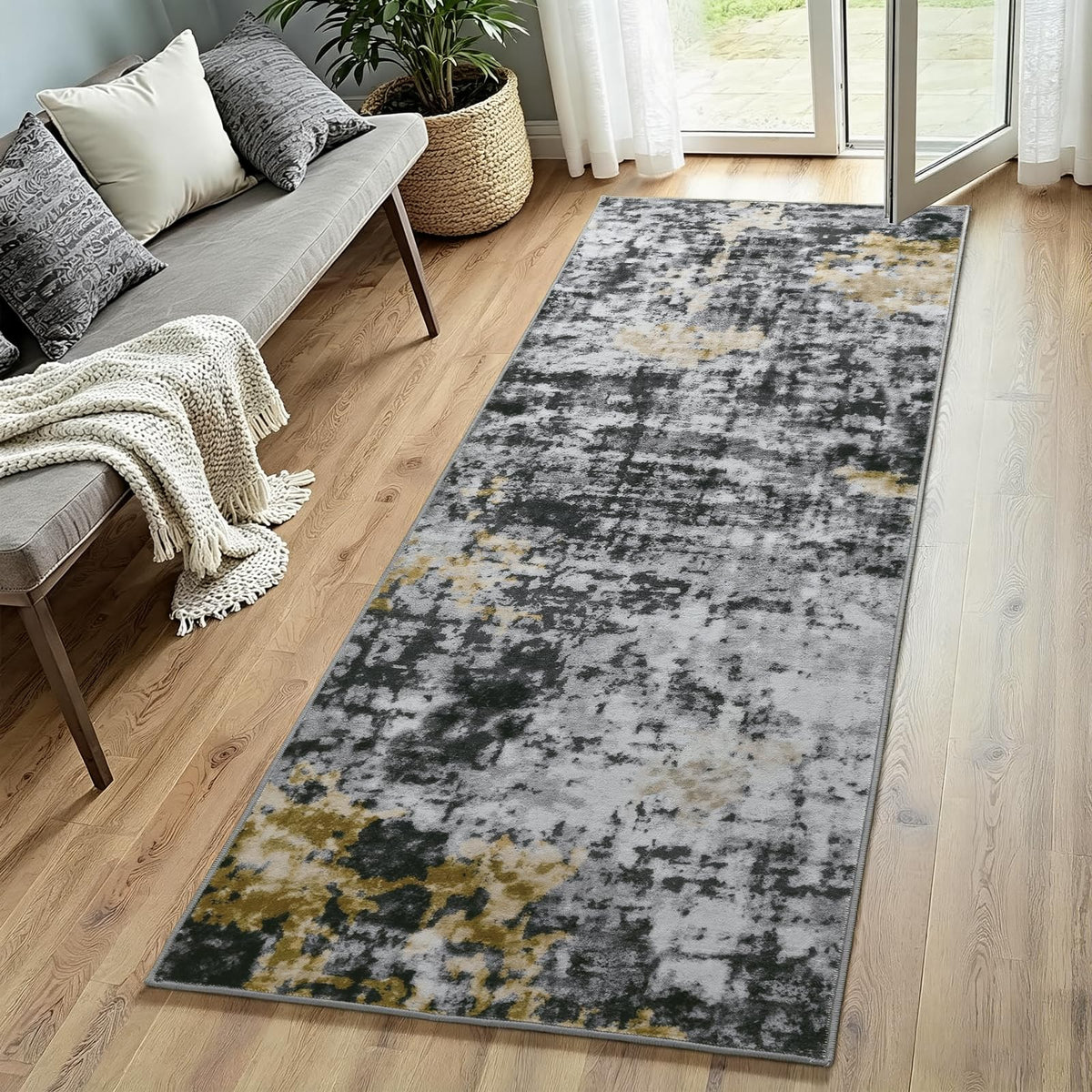 Modern Abstract 3x5 Rug, Non Slip Entryway Rug, Soft Machine Washable Rugs for Indoor Entry, Low Pile Stain Resistant Distressed Rug for Living Room, Bedroom, Dark Grey Blue