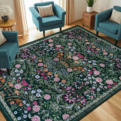 PLHXFR Area Rug Living Room: 5x7 Floral Washable Boho Carpet Dark Green
