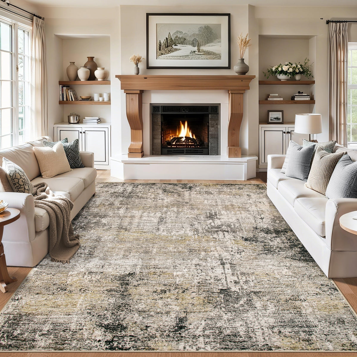 PLHXFR 6x9 Area Rug Living Room: Abstract Washable Carpet Brown Black
