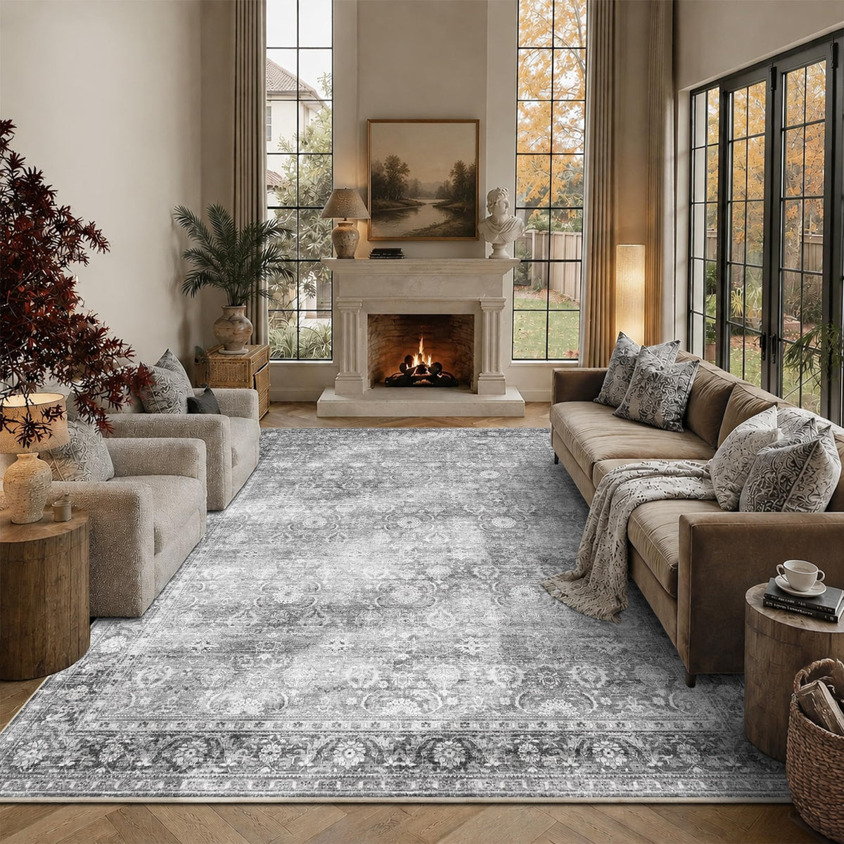 JOOJA 6x9 Brown Vintage Boho Washable Area Rug, Soft Low Pile Floor Carpet