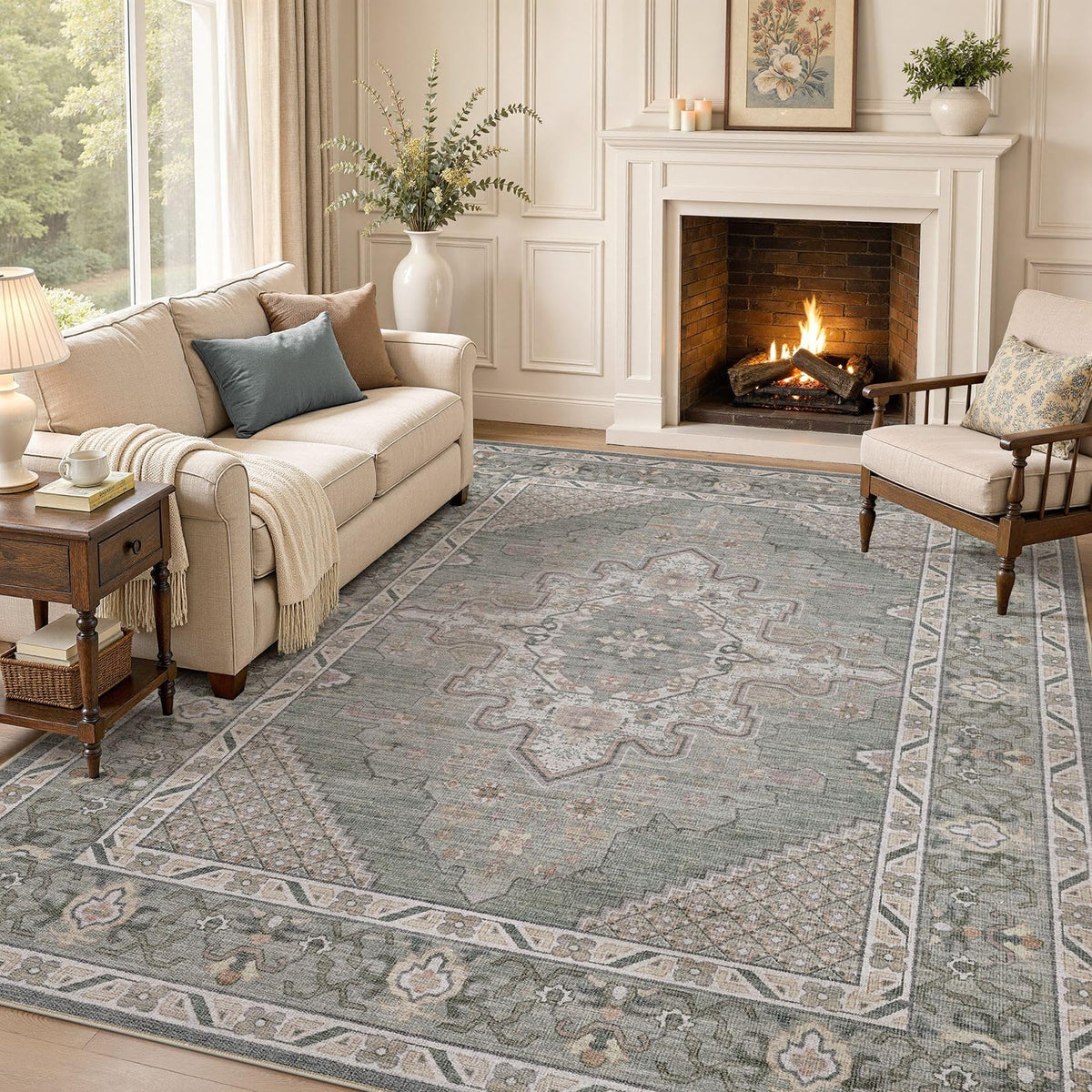 Tortania Area Rug 5x7 Living Room Rug Washable Soft Cream/Blue