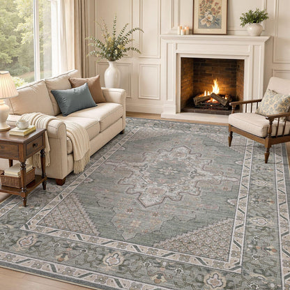 Tortania Area Rug 5x7 Living Room Rug Washable Soft Cream/Blue