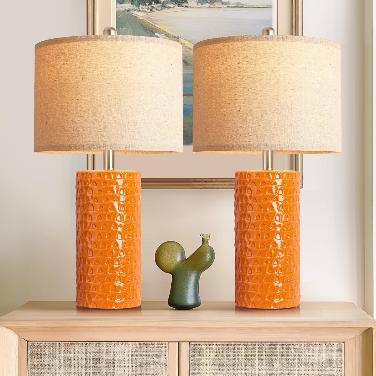 PARTPHONER 23" Modern Ceramic Table Lamp Set of 2, Table Lamps for Living Room, Rustic Farmhouse Bedside Lamps Nightstand lamp for Bedroom, White Desk Lamp for End Table Home Decor Beige