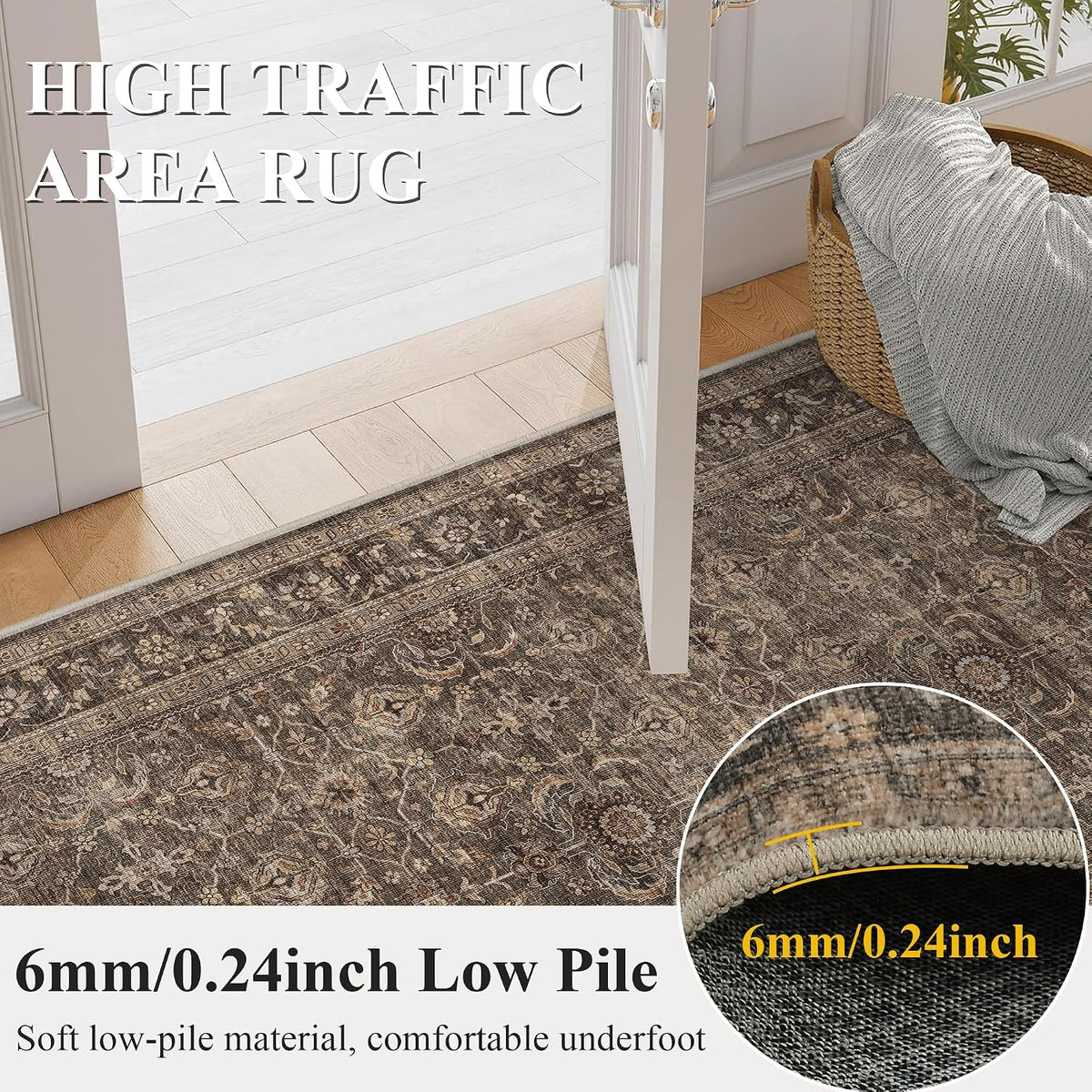 JOOJA 6x9 Brown Vintage Boho Washable Area Rug, Soft Low Pile Floor Carpet