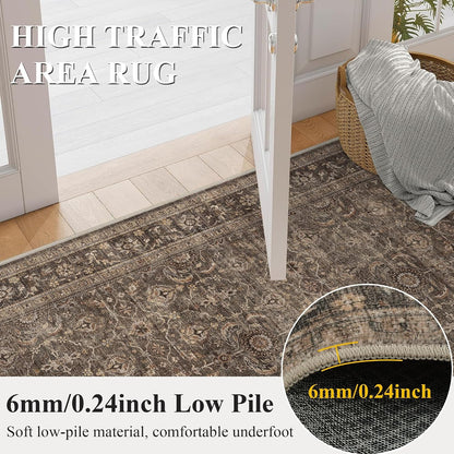JOOJA 6x9 Brown Vintage Boho Washable Area Rug, Soft Low Pile Floor Carpet