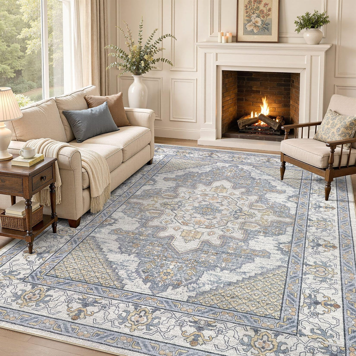 Tortania Area Rug 5x7 Living Room Rug Washable Soft Cream/Blue