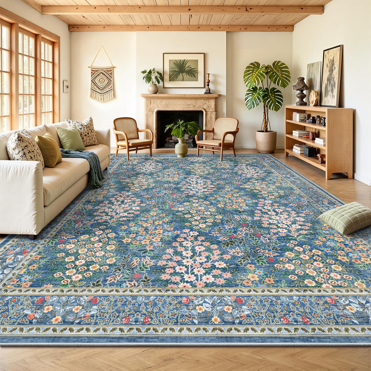 8x10 Area Rugs, Machine Washable Low Pile Floral Rugs for Living Room, Bedroom, Large Boho Area Rug with Non-Slip Backing for Dining Room(Beige Floral)