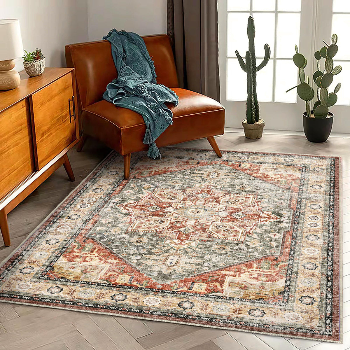 CHAMPLANT 6'x9' Washable Vintage Area Rug Boho Chic Medallion Distressed Design Non-Shedding Easy Care Ideal for High Traffic Areas in Living Room Bedroom Kitchen Office Large Carpet