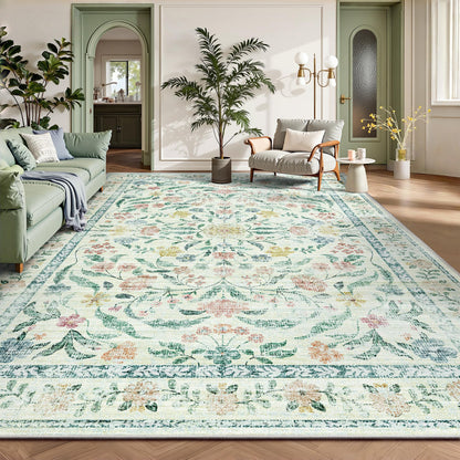 8x10 Area Rugs, Machine Washable Low Pile Floral Rugs for Living Room, Bedroom, Large Boho Area Rug with Non-Slip Backing for Dining Room(Beige Floral)