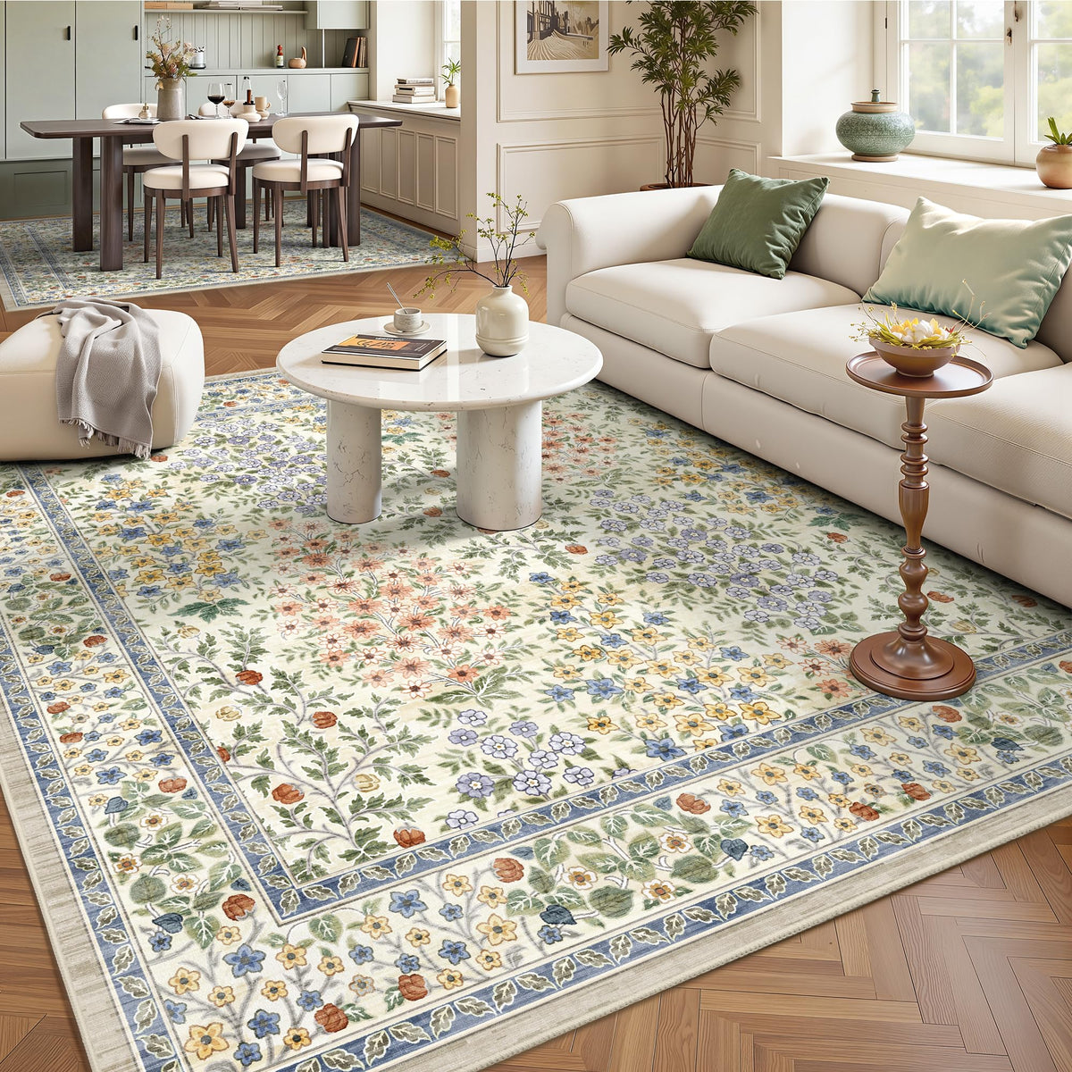 8x10 Area Rugs, Machine Washable Low Pile Floral Rugs for Living Room, Bedroom, Large Boho Area Rug with Non-Slip Backing for Dining Room(Beige Floral)