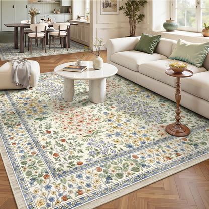 8x10 Area Rugs, Machine Washable Low Pile Floral Rugs for Living Room, Bedroom, Large Boho Area Rug with Non-Slip Backing for Dining Room(Beige Floral)