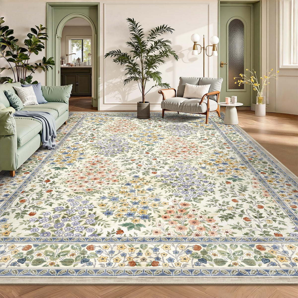 8x10 Area Rugs, Machine Washable Low Pile Floral Rugs for Living Room, Bedroom, Large Boho Area Rug with Non-Slip Backing for Dining Room(Beige Floral)