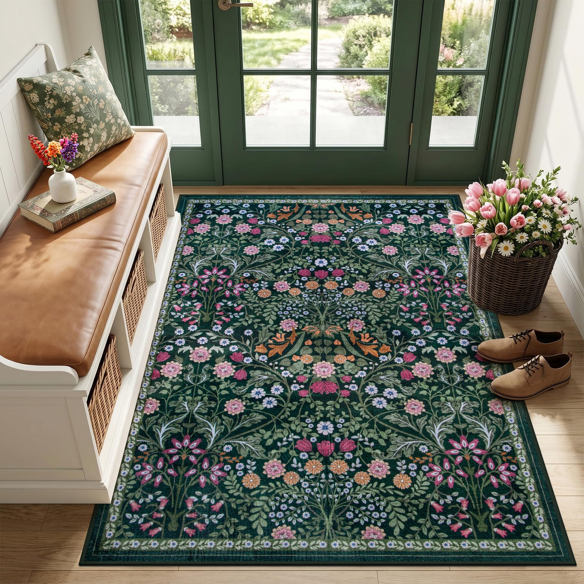 PLHXFR Area Rug Living Room: 5x7 Floral Washable Boho Carpet Dark Green