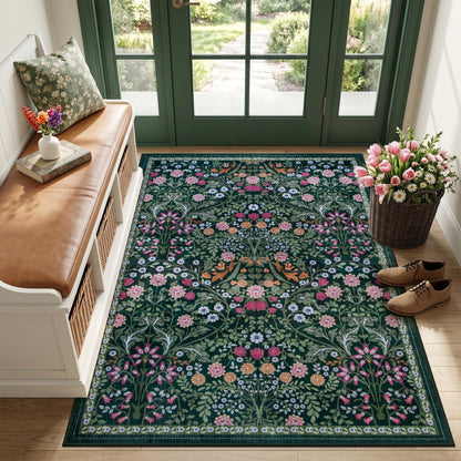 PLHXFR Area Rug Living Room: 5x7 Floral Washable Boho Carpet Dark Green
