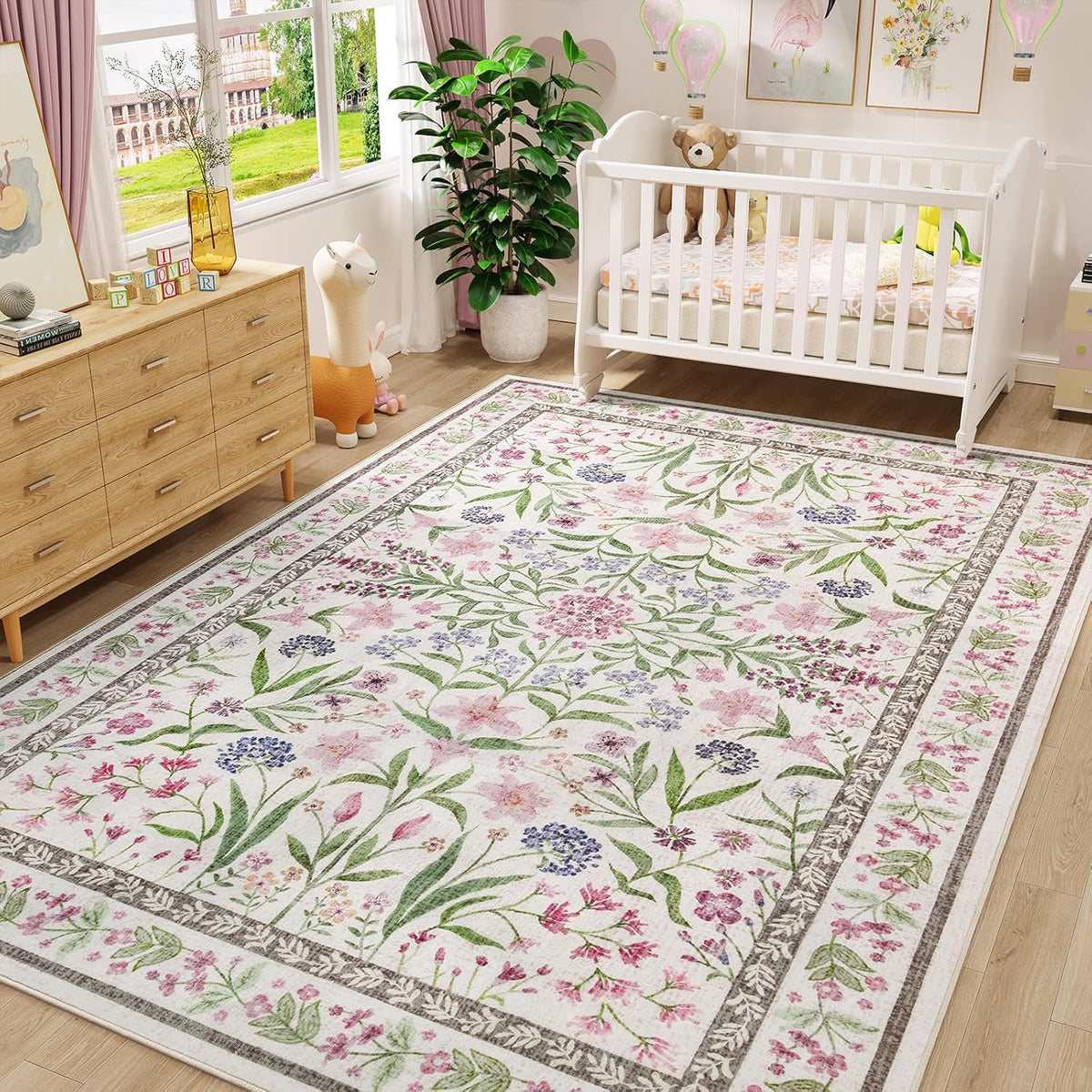 Amearea 6x9 Pink Rugs for Bedroom Girls, Floral Area Rugs for Living Room