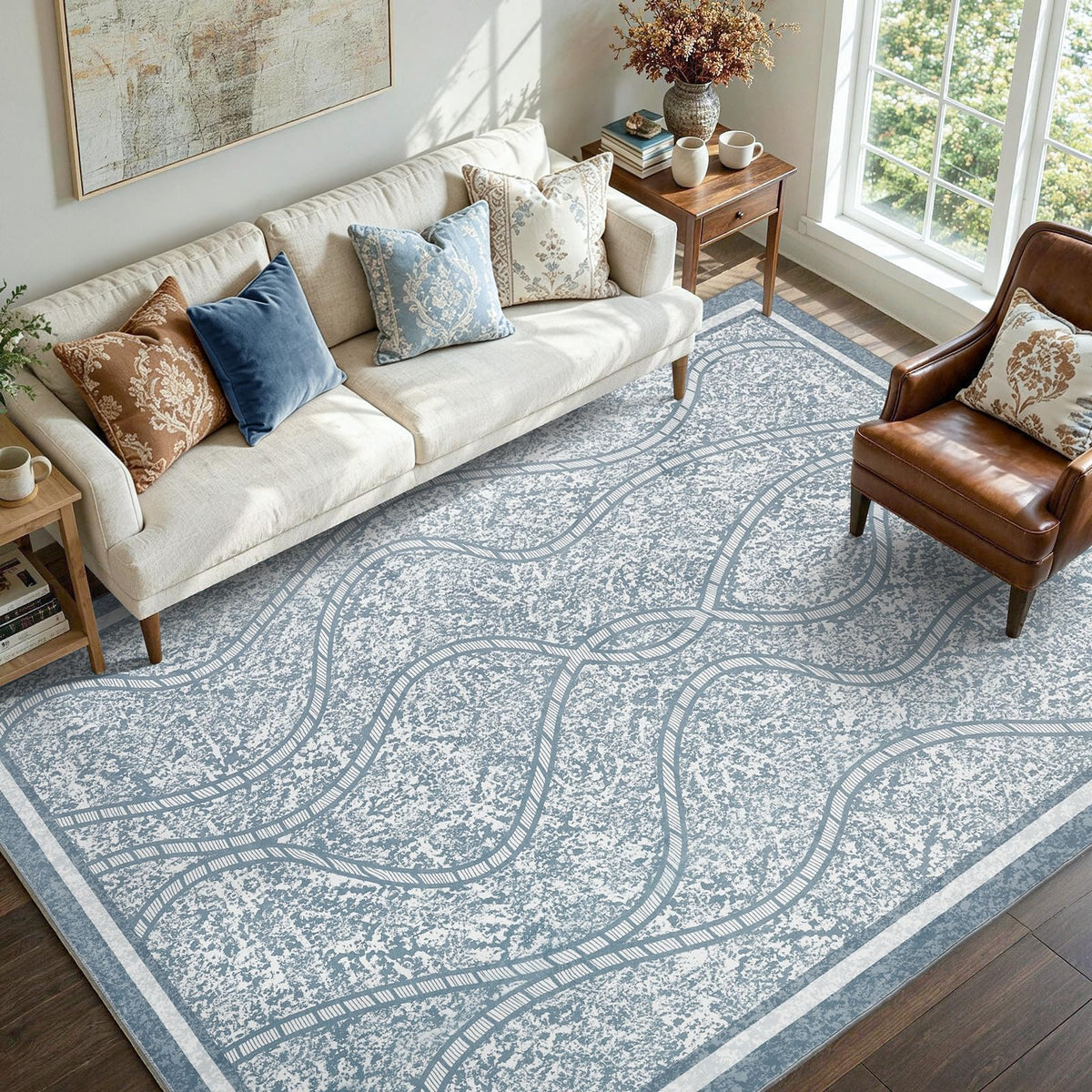 6x9 Ft Abstract Washable Area Rugs for Living Room Blue